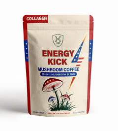JH Energy Kick Mushroom Coffee 10 in 1 blend with collagen featuring functional mushrooms for clean energy and focus