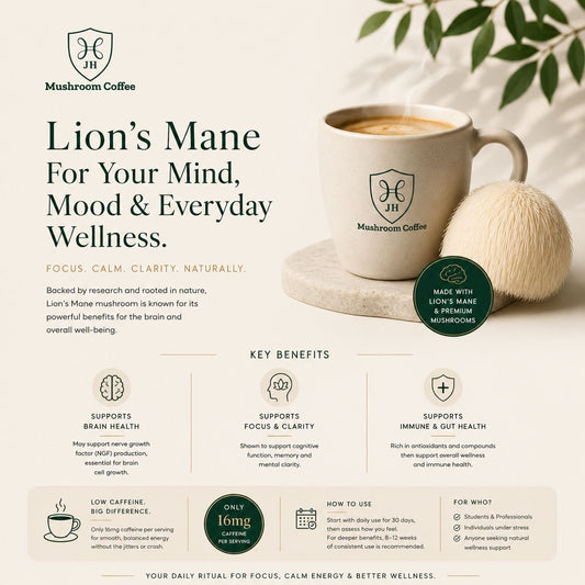 Lion’s Mane Mushroom Coffee Benefits for Brain Health, Focus & Wellness | JH Mushroom Coffee