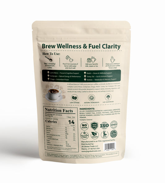 JH Mushroom Coffee nutrition facts ingredients and functional mushroom blend for focus energy immunity and gut health