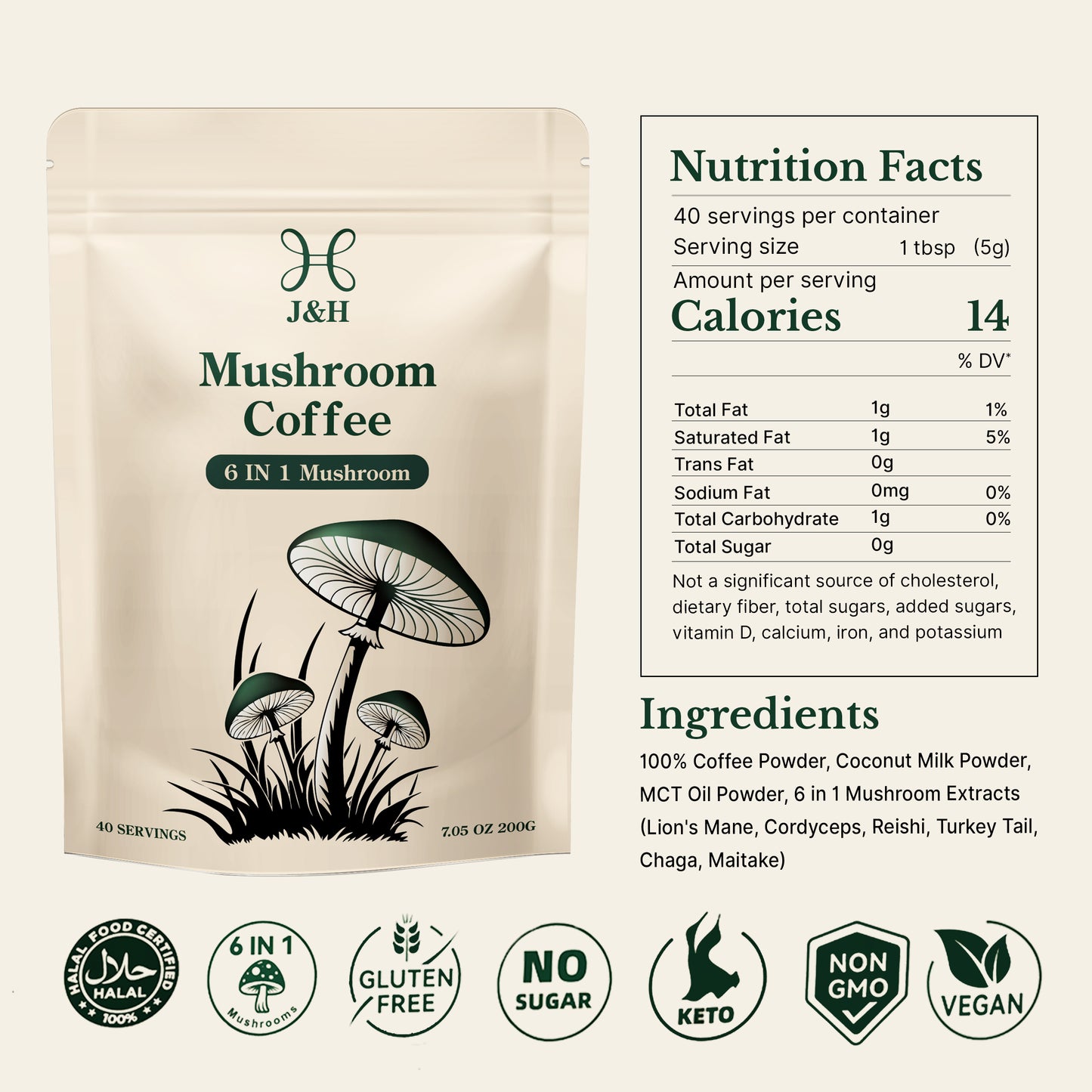 J&H 6-in-1 Mushroom Coffee (200g)