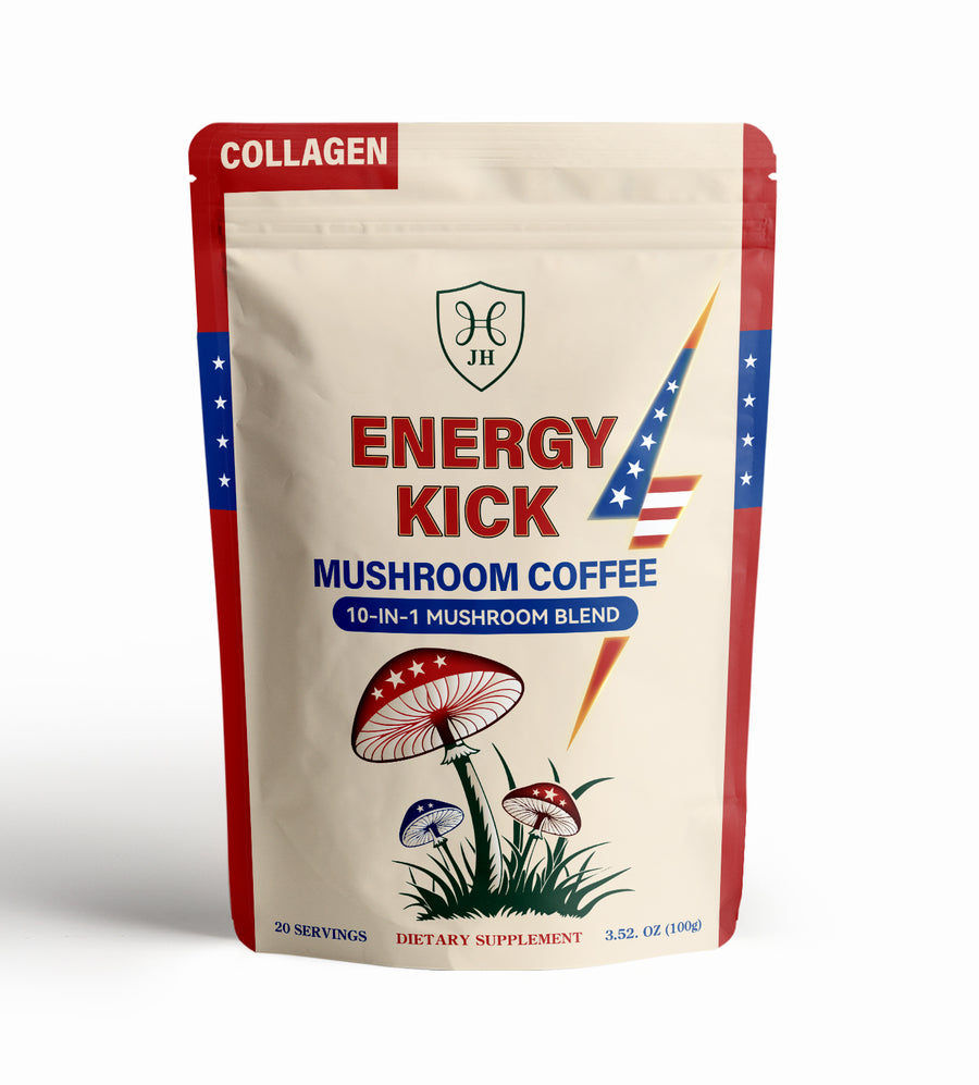 JH Energy Kick Mushroom Coffee 10 in 1 blend with collagen featuring functional mushrooms for clean energy and focus
