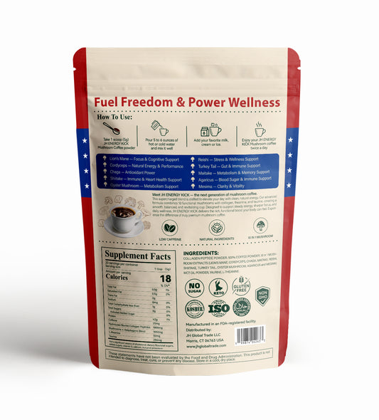 JH Energy Kick mushroom coffee supplement facts ingredients and functional mushroom blend including lions mane cordyceps and reishi